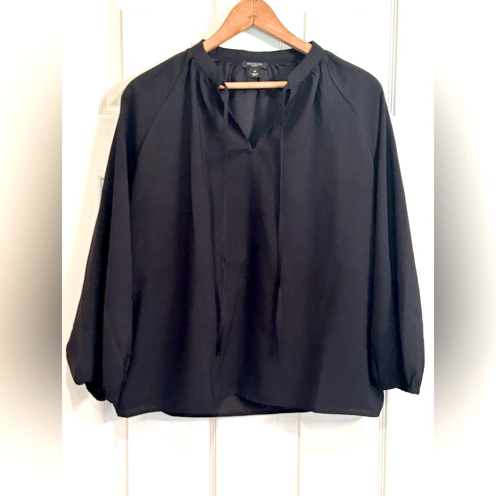 Ann Taylor Semi-Sheer Black Popover Blouse. MP.